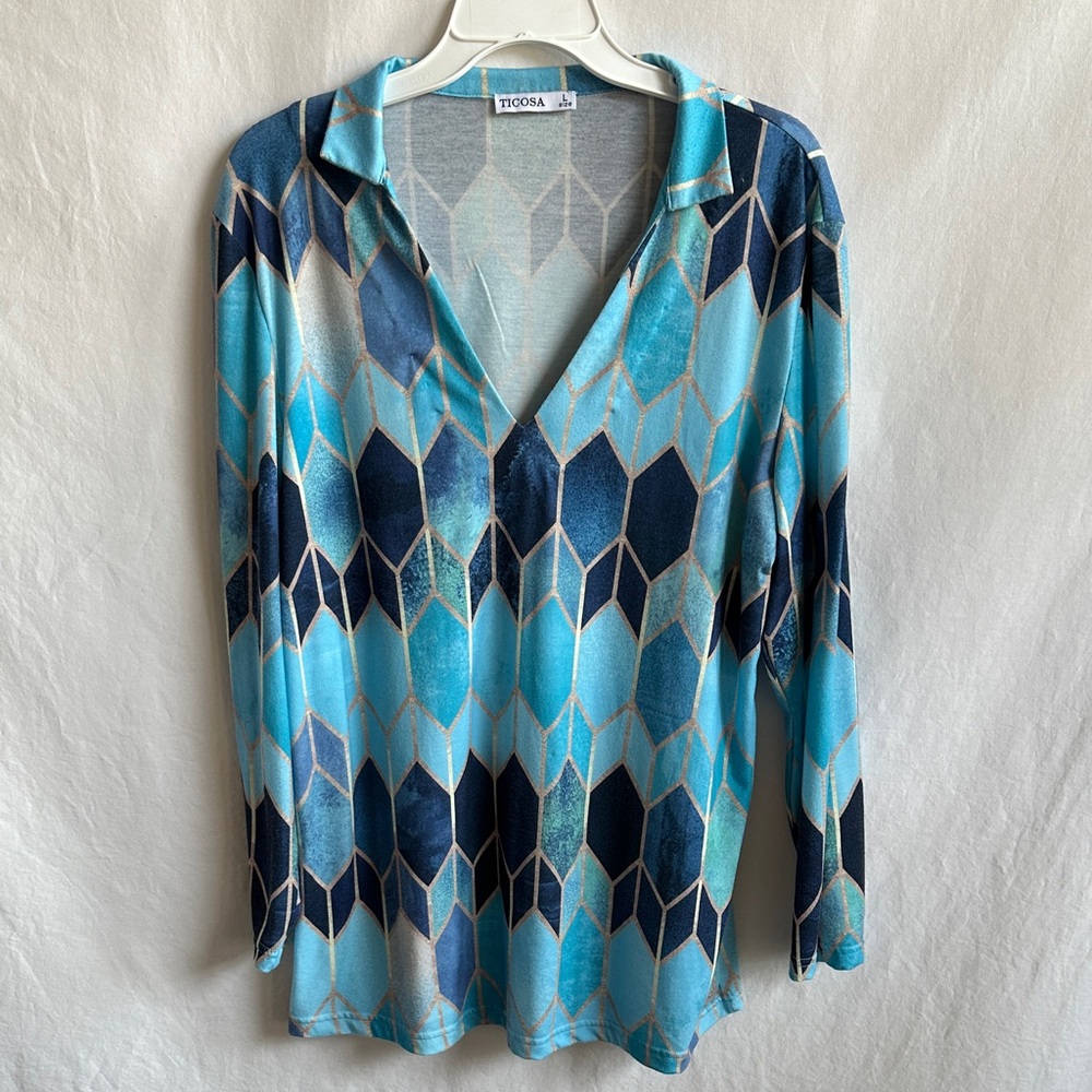 Ticosa blue and gold windowpane print long sleeve V neck top, size L